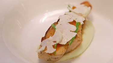 Gebratener Stör mit Blumenkohlpüree, Brunnenkresse und Vogelbeer-Creme vom Spitzenkoch Adrian Kuhlemann aus Neustadt an der Waldnaab | Bild: BR / Matthias Supé