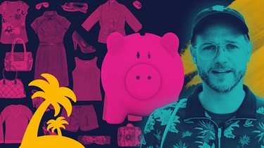 Moderator Rainer Maria Jilg; Symbolbilder für Reisen (Insel mit Palmen), Shopping (Taschen und Kleidungsstücke), Sparen (Sparschwein). | Bild: BR, picture-alliance/dpa, colourbox.com, Montage: BR