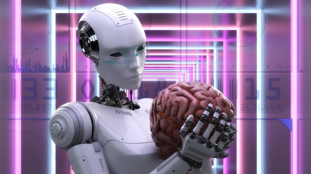 Künstlerische 3D-Illustration eines Cyborgs mit künstlicher Intelligenz, Gehirn in den Händen haltend | Bild: picture alliance / CHROMORANGE | Knut Niehus