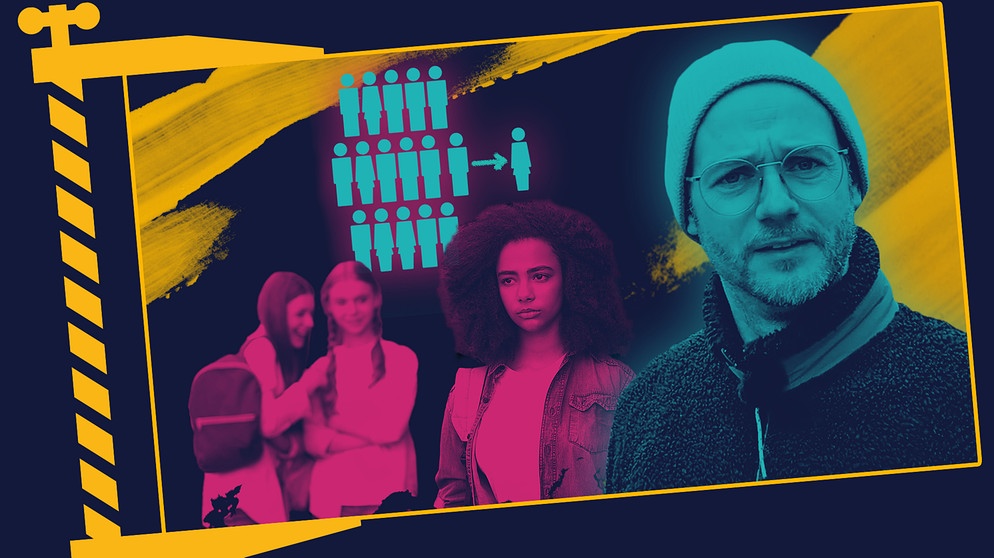 Moderator Rainer Maria Jilg, eine Schülerin wird von zwei anderen Schülerinnen ausgegrenzt, eine Gruppe von Symbolfiguren neben einer einzelnen Figur | Bild: BR, colourbox.com/Motortion; Montage: BR