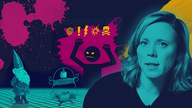 Christina Wolf neben einem Stammtisch mit Gartenzwerg und schimpfendem Männchen dahinter | Bild: BR, colourbox.com, picture-alliance/dpa; Montage: BR